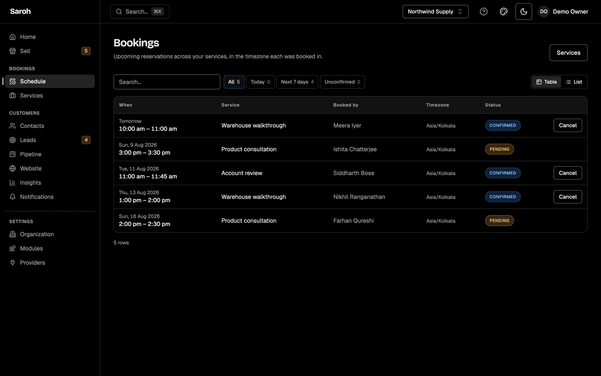 The appointments schedule, showing upcoming bookings in the timezone each was booked in