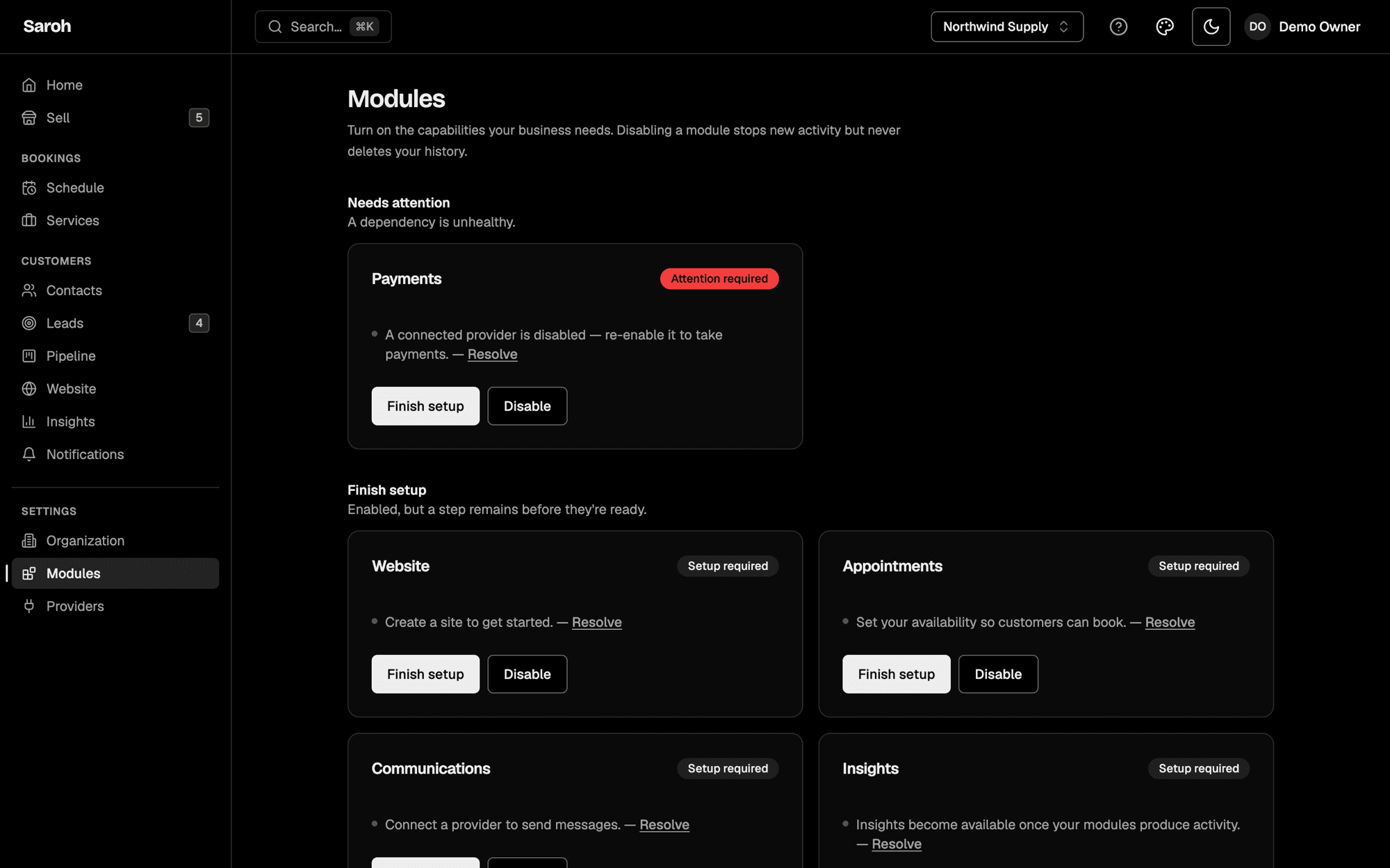Saroh's Modules screen, showing which capabilities are switched on and which still need setup